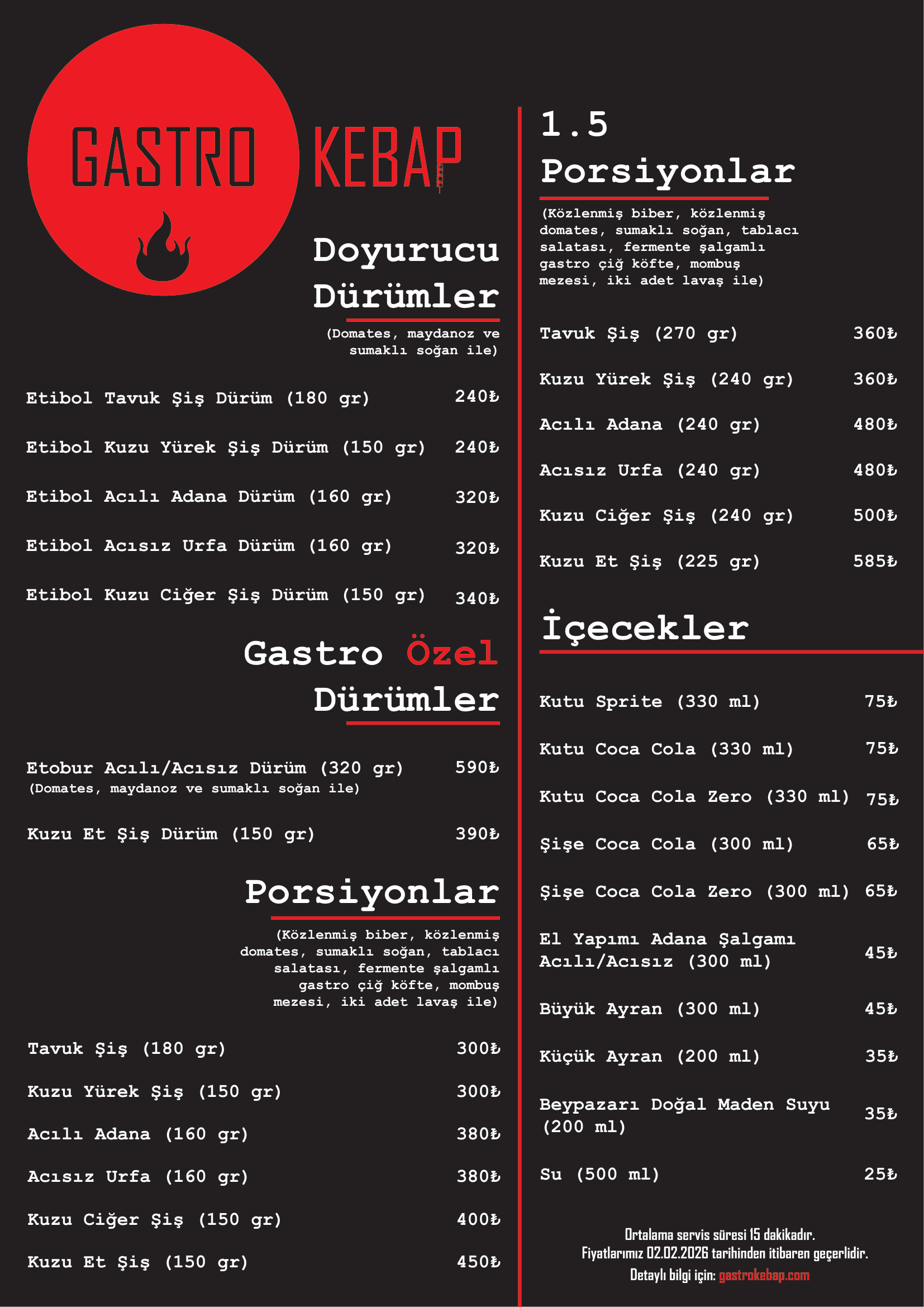 Gastro Kebap Menüsü